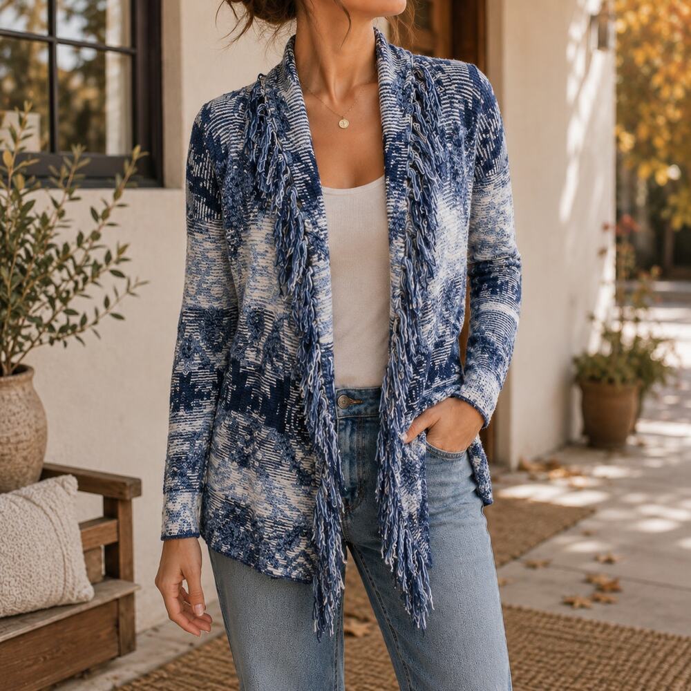 Vintage American Eagle Womens Cardigan Sweater Size S Blue Aztec Fringe Y2K